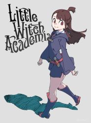 Rule 34 | 10s, 1girl, boots, brown hair, collared shirt, copyright name, full body, grey background, high ponytail, highres, kagari atsuko, little witch academia, long hair, long sleeves, red eyes, shadow, shirt, smile, solo, standing, tarou2, wide sleeves