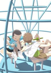 Rule 34 | 2boys, black hair, brown hair, buzz cut, closed eyes, full body, jungle gym, male focus, multiple boys, nakayuki t, open mouth, original, outdoors, playground, shoes, short hair, simple background, smile, sneakers, very short hair, white background, white footwear