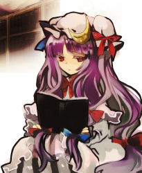 Rule 34 | 1girl, :&lt;, bad id, bad pixiv id, book, bookshelf, bow, colored eyelashes, crescent, eyelashes, female focus, gm, hair bow, hat, indoors, open book, patchouli knowledge, reading, red eyes, sitting, solo, touhou