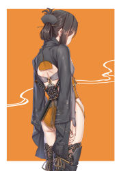 Rule 34 | 1girl, ass, black hair, breasts, cowboy shot, fangxiang cuoluan, folded ponytail, from behind, japanese clothes, long sleeves, orange background, original, sidelocks, small breasts, solo, thighhighs, thighs, wide sleeves