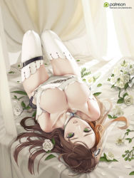 Rule 34 | 1girl, bed, bed sheet, bouquet, braid, branch, breasts, bridal veil, brown hair, choker, cleavage, collarbone, crossed arms, crown braid, curtains, day, dress, elbow gloves, flower, girls&#039; frontline, gloves, green eyes, groin, hair flower, hair ornament, knees up, large breasts, lee-enfield (girls&#039; frontline), leotard, letdie1414, long hair, looking at viewer, lying, on back, on bed, patreon, petals, rose, sidelocks, skindentation, solo, strap, tassel, thigh strap, thighhighs, thighs, veil, wedding dress, white flower, white gloves, white leotard, white rose, white thighhighs