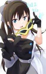 Rule 34 | 1girl, 2022, aqua eyes, artist name, artist request, back bow, bare shoulders, belt, black dress, black gloves, black skirt, blue eyes, blush, bow, bow hairband, breasts, brooch, brown hair, buttons, choker, close-up, collarbone, dated, diamond (gemstone), dress, drop earrings, earrings, evening gown, female focus, gloves, grey belt, grey bow, grey skirt, hair between eyes, hair bow, hairband, half updo, high ponytail, highres, holding, holding mask, jewelry, lace, lace gloves, long hair, looking at viewer, love live!, love live! nijigasaki high school idol club, love live! school idol festival, mask, miniskirt, multicolored clothes, multicolored dress, off-shoulder dress, off shoulder, osaka shizuku, parted lips, plaid, plaid dress, plaid skirt, pleated, pleated dress, pleated skirt, ponytail, skirt, sleeveless, sleeveless dress, small breasts, smile, solitude rain (love live!), solo, two-tone dress, v, v-shaped eyebrows, white bow, white choker, white dress, white skirt