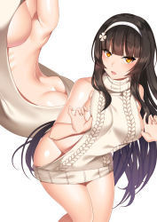 Rule 34 | 1girl, armpits, ass, black hair, breasts, butt crack, commentary request, girls&#039; frontline, hairband, highres, long hair, looking at viewer, maze yuri, medium breasts, meme attire, open mouth, sideboob, simple background, smile, type 95 (girls&#039; frontline), virgin killer sweater, white background, yellow eyes