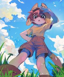 Rule 34 | + +, 1boy, bare shoulders, blue sky, brown headwear, brown shorts, camooh, child, cloud, cloudy sky, commentary, english commentary, from below, goggles, goggles on head, grass, highres, looking down, male focus, off shoulder, on grass, open mouth, original, outdoors, red hair, shirt, short hair, shorts, sky, solo, tail, yellow shirt