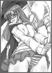 Rule 34 | 1girl, aq interactive, arcana heart, artist request, atlus, blush, breasts, brooch, cape, clothes lift, covered erect nipples, examu, fang, glasses, greyscale, grin, groin, hat, jewelry, large breasts, long hair, mike (arcana heart), monochrome, open mouth, panties, panty pull, pantyshot, pleated skirt, school uniform, signature, sketch, skirt, skirt lift, skull, smile, staff, striped clothes, striped panties, sweat, sweater, tears, turtleneck, underwear, witch, witch hat, yasuzumi yoriko