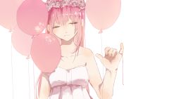 Rule 34 | 1girl, bad id, bad pixiv id, balloon, bare shoulders, closed eyes, commentary request, danjou sora, dress, flower, head wreath, just be friends (vocaloid), megurine luka, pink hair, pinky out, rose, simple background, solo, strapless, strapless dress, string, string around finger, string of fate, vocaloid, white background, white dress, white flower, white rose