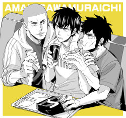 Rule 34 | 3boys, ace of diamond, amahisa kousei, arm on another&#039;s shoulder, black hair, booth seating, burger, buzz cut, cellphone, character name, cup, disposable cup, eating, egg (cknlun), facial scar, food, french fries, hood, hood down, hooded jacket, jacket, looking at another, male focus, multiple boys, phone, sawamura eijun, scar, scar on cheek, scar on face, shirt, short hair, short sleeves, sideburns, sitting, sweatdrop, t-shirt, todoroki raichi, tray, very short hair, yellow background