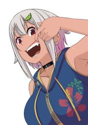 Rule 34 | 1girl, absurdres, armpits, bare shoulders, black choker, breasts, choker, earrings, fangs, finger in own mouth, food-themed hair ornament, hair ornament, hayama marin, highres, hood, hoodie, jewelry, large breasts, lime hair ornament, looking at viewer, mouth pull, natureman007, nijisanji, red eyes, short hair, sleeveless, sleeveless hoodie, solo, tan, virtual youtuber, zipper