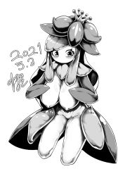 Rule 34 | 1girl, absurdres, artist name, blush, breasts, cowboy shot, creatures (company), cropped legs, crown, dated, female focus, flower, game freak, gen 5 pokemon, greyscale, groin, haembokeyo, hair flower, hair ornament, hands up, heart, heart in eye, highres, large breasts, lilligant, long hair, mini crown, monochrome, monster girl, nintendo, nipples, no mouth, personification, plant girl, pokemon, pokemon (creature), sidelocks, signature, simple background, solo, standing, symbol in eye, tilted headwear, white background