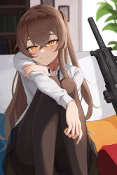 Rule 34 | 1girl, absurdres, aimpoint, black pantyhose, blush, bookshelf, brown hair, commentary, copycat001, english commentary, girls&#039; frontline, gun, h&amp;k ump, hand on own arm, highres, korean commentary, long hair, looking at viewer, mixed-language commentary, one side up, orange eyes, panties, pantyhose, pantyshot, plant, scar, scar across eye, scar on face, scope, shirt, sitting, smile, submachine gun, suppressor, ump45 (girls&#039; frontline), underwear, weapon, white shirt