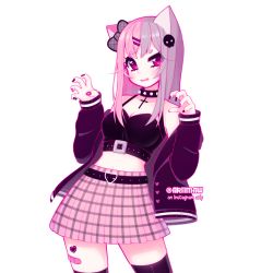 Rule 34 | 1girl, animal ears, ariimaw, bandaid, bandaid on leg, belt buckle, black thighhighs, blush, breasts, buckle, cat ears, collar, collarbone, commentary, confused, cross, english commentary, english text, hair ornament, hairclip, heart, heart-shaped buckle, heart belt, heart in eye, hikimayu, instagram username, latin cross, long eyelashes, medium breasts, multicolored nails, nail polish, navel, off-shoulder sweater, off shoulder, open hand, original, plaid, plaid skirt, short eyebrows, simple background, skirt, skull hair ornament, solo, spiked collar, spikes, sweater, symbol in eye, thighhighs, white background