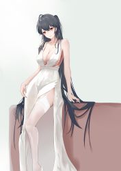 Rule 34 | 1girl, absurdres, ahoge, azur lane, bare shoulders, black hair, breasts, cleavage, dress, garter straps, grey background, highres, large breasts, long hair, looking at viewer, messy hair, pectorals, red eyes, shiguangbai, sidepec, sleeveless, sleeveless dress, solo, taihou (azur lane), taihou (temptation on the sea breeze) (azur lane), thighhighs, very long hair, wedding dress, white dress, white garter straps, white thighhighs