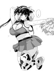 Rule 34 | !, 1girl, animal ears, animal print, arm up, armpits, black eyes, black hair, blush, breasts, cheerleader, cleavage, cleavage cutout, clothing cutout, commentary, cow ears, cow print, cow print thighhighs, crop top, dot mouth, fake animal ears, full body, grey skirt, greyscale, hand up, heart cutout, highres, holding, holding pom poms, jumping, large breasts, long hair, looking at viewer, midriff, monochrome, original, pleated skirt, plump, pom pom (cheerleading), pom poms, print thighhighs, riki (riki unc), simple background, skirt, solo, spoken exclamation mark, sweat, symbol-only commentary, thick thighs, thighhighs, thighs, twintails, white background, white footwear