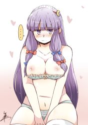 Rule 34 | ..., 1girl, bad id, bad pixiv id, blue bra, blue panties, blush, bra, breasts, cleavage, collarbone, crescent, gradient background, hair ornament, hair ribbon, heart, lace, lace-trimmed bra, lace trim, large breasts, long hair, looking at viewer, navel, nipples, panties, patchouli knowledge, plump, purple eyes, purple hair, ribbon, signature, sitting, solo, thighhighs, touhou, tress ribbon, tsukigi, underwear, underwear only, v arms, very long hair