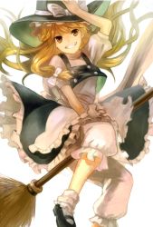 Rule 34 | &gt;:d, 1girl, :d, apron, backlighting, blonde hair, bloomers, bow, braid, broom, broom riding, grin, hair ribbon, hand on headwear, hat, hat bow, kirisame marisa, long hair, looking at viewer, open mouth, puffy sleeves, ribbon, shion (kizuro), shirt, short sleeves, single braid, skirt, skirt set, smile, solo, touhou, underwear, v-shaped eyebrows, vest, waist apron, wings, witch hat, yellow eyes