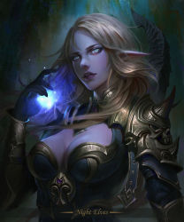 Rule 34 | 1girl, absurdres, armor, artist name, blue eyes, breastplate, breasts, cg-d, character name, cleavage, dark background, dated, elf, gem, gloves, highres, long hair, looking at viewer, magic, original, parted lips, pointy ears, shoulder pads, shoulder spikes, skull, solo, spikes, watermark