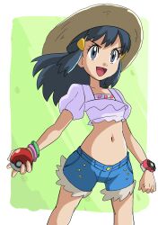 Rule 34 | 1girl, :d, alternate costume, black hair, blue shorts, border, bracelet, brown hat, commentary request, creatures (company), dawn (pokemon), eyelashes, frills, game freak, green background, grey eyes, hainchu, hair ornament, hairclip, happy, hat, highres, holding, holding poke ball, jewelry, legs apart, long hair, navel, nintendo, open mouth, poke ball, poke ball (basic), pokemon, pokemon (anime), pokemon dppt (anime), poketch, purple shirt, shirt, short shorts, short sleeves, shorts, sidelocks, smile, solo, tongue, watch, white border, wristwatch