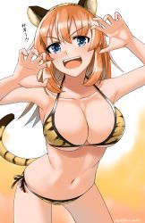 Rule 34 | 1girl, 2022, animal ears, animal print, bikini, blue eyes, blush, breasts, charlotte e. yeager, chinese zodiac, cleavage, collarbone, fake animal ears, fake tail, highres, hiroshi (hunter-of-kct), large breasts, long hair, looking at viewer, navel, open mouth, orange hair, side-tie bikini bottom, smile, solo, strike witches, swimsuit, tail, tiger ears, tiger print, tiger tail, world witches series, year of the tiger