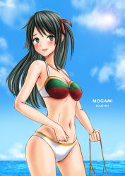 Rule 34 | 1girl, absurdres, alternate hair length, alternate hairstyle, bikini, black hair, blue sky, breasts, character name, cleavage, cloud, commentary request, contrapposto, day, green eyes, hair ribbon, highres, horizon, kantai collection, long hair, looking at viewer, mismatched bikini, mogami (kancolle), outdoors, ribbon, sky, skypixter, small breasts, solo, standing, swimsuit
