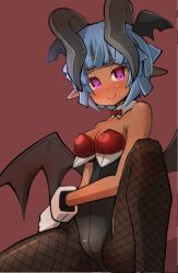 Rule 34 | 1girl, bare arms, bare shoulders, black horns, black leotard, black pantyhose, black wings, blue hair, blunt bangs, blunt ends, blush, bow, bowtie, breasts, cleavage, closed mouth, commentary request, crotch seam, dark-skinned female, dark skin, demon girl, demon horns, demon wings, detached collar, dot nose, eyelashes, fishnet pantyhose, fishnets, garoudo (kadouhan&#039;i), gloves, groin, hand on own hip, head wings, highleg, highleg leotard, horns, knee up, leotard, light blue hair, looking at viewer, medium breasts, multiple wings, original, oversized breast cup, pantyhose, petite, pointy ears, purple eyes, red background, red bow, red bowtie, short hair, sideboob, simple background, sitting, slit pupils, smile, solo, thick eyebrows, white gloves, wing collar, wings