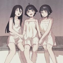Rule 34 | 10s, 3girls, aged down, artist request, aunt and niece, bare legs, bare shoulders, black hair, blue eyes, blue hair, blush, boruto: naruto next generations, byakugan, dress, happy, holding hands, hyuuga hanabi, hyuuga hinata, long hair, looking at viewer, mother and daughter, multiple girls, naruto, naruto (series), niece and aunt, nightgown, open mouth, short hair, siblings, sisters, sitting, smile, source request, spoilers, time paradox, uzumaki himawari, whiskers, white eyes