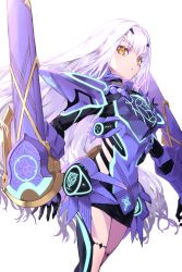 Rule 34 | 1girl, absurdres, armor, armored dress, black skirt, black thighhighs, blue armor, blue dress, breastplate, breasts, brown eyes, covered navel, dress, melusine (fate), melusine (first ascension) (fate), fate/grand order, fate (series), faulds, forked eyebrows, haimura kiyotaka, highres, long hair, looking at viewer, pauldrons, short dress, shoulder armor, sidelocks, skirt, small breasts, solo, thighhighs, thighs, weapon, white hair