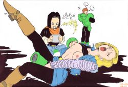 Rule 34 | 1girl, 2boys, android, android 16, android 17, android 18, belt, black hair, blonde hair, blue eyes, boots, grabbing another&#039;s breast, breasts, clenched teeth, clothes lift, control, dragon ball, dragonball z, earrings, closed eyes, fingering, grabbing, jacket, jewelry, leg up, legs, lying, masturbation, multiple boys, nipples, no bra, open mouth, pantyhose, shadow, shirt lift, short hair, sitting, skirt, standing, teeth, thighs