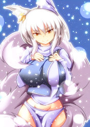 Rule 34 | 1girl, animal ears, blonde hair, breasts, cosplay, female focus, fox ears, fox tail, hands on own chest, hat, highres, large breasts, letty whiterock, letty whiterock (cosplay), long sleeves, looking at viewer, merry (diameri), midriff, multiple tails, no pants, panties, purple panties, shirt, short hair, silver hair, snowing, solo, tail, touhou, undersized clothes, underwear, vest, yakumo ran, yellow eyes