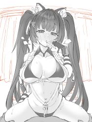 Rule 34 | 1boy, 1girl, animal ears, bare shoulders, bikini, blush, breasts, cat ears, cat girl, chest harness, collarbone, fingerless gloves, gloves, goddess of victory: nikke, greyscale, hair ornament, hair ribbon, hairclip, harness, highres, large breasts, long hair, looking at viewer, monochrome, nero (nikke), ribbon, saliva, saliva trail, shuubetsukouta, sidelocks, skindentation, solo focus, spot color, string bikini, sweat, swimsuit, thigh grab, twintails