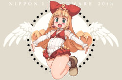 Rule 34 | 1girl, :o, anniversary, arm warmers, blonde hair, blush, detached collar, flipped hair, full body, green eyes, hat, jumping, kururu (little princess), little princess, long hair, marl kingdom, nippon ichi, official style, open mouth, outstretched arms, princess kururu, shoes, shorts, smile, solo, spread arms, wings, yu 3