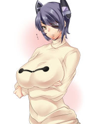 Rule 34 | 1girl, alternate costume, bad id, bad pixiv id, baymax, baymax (cosplay), big hero 6, breast hold, breasts, cosplay, crossed arms, hair between eyes, highres, kantai collection, large breasts, looking at viewer, parted lips, purple hair, short hair, solo, standing, sweater, telescopic, tenryuu (kancolle), turtleneck, upper body, white sweater, yellow eyes