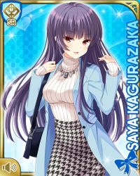 Rule 34 | 1girl, blue background, blue jacket, card, character name, dress, girlfriend (kari), grey leggings, holding, jacket, jewelry, kagurazaka saya, leggings, loafers, long hair, long sleeves, looking at viewer, necklace, official art, open mouth, purple hair, qp:flapper, red eyes, shoes, smile, solo, tagme, white dress