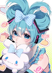 Rule 34 | 1girl, absurdres, aqua eyes, aqua hair, blue bow, blush, bow, cinnamiku, cinnamoroll, commentary request, creature, ear bow, folded twintails, hair bow, hatsune miku, highres, holding, holding creature, looking at viewer, matching hairstyle, nao221y, number tattoo, polka dot, polka dot bow, pout, shirt, sleeveless, sleeveless shirt, solo, tattoo, tied ears, updo, upper body, vocaloid, white shirt