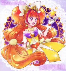 Rule 34 | 1girl, :d, amanogawa kirara, bare shoulders, brown hair, character name, choker, cure twinkle, dress, earrings, gloves, go! princess precure, jewelry, long hair, lowres, magical girl, multicolored hair, nanjou akimasa, open mouth, orange hair, precure, purple eyes, quad tails, red hair, smile, solo, star (symbol), star earrings, streaked hair, twintails, two-tone hair, very long hair, white gloves