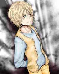 Rule 34 | 1boy, arms behind back, blonde hair, blue shirt, brown vest, closed mouth, commentary request, feet out of frame, green eyes, grey background, hair over one eye, long bangs, long sleeves, male focus, ollerus, open clothes, open vest, pants, shin (highest1192), shirt, short hair, sleeveless, smile, solo, standing, toaru majutsu no index, toaru majutsu no index: old testament, vest, yellow pants