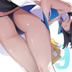 Rule 34 | 1girl, absurdres, ass, bare shoulders, bent over, black hair, black panties, blue archive, breasts, cameltoe, cheerleader, commentary, dog girl, dog tail, english commentary, from behind, from below, hibiki (blue archive), hibiki (cheer squad) (blue archive), highres, holding, holding pom poms, khoaphan96, looking at viewer, looking back, medium breasts, millennium cheerleader outfit (blue archive), panties, pantyshot, pom pom (cheerleading), pom poms, simple background, solo, standing, string panties, tail, thighs, underwear