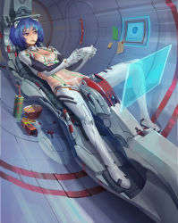 Rule 34 | 00s, 1girl, ayanami rei, blue hair, bodysuit, breasts, cockpit, entry plug, food, game console, highres, molybdenumgp03, neon genesis evangelion, playing games, plugsuit, pocky, rebuild of evangelion, red eyes, see-through, see-through bodysuit, short hair, solo, test plugsuit, xbox, xbox 360