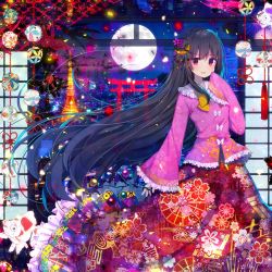 Rule 34 | 1girl, black hair, blouse, blush, branch, cowboy shot, crescent, crescent hair ornament, floral print, frilled sleeves, frills, full moon, hair ornament, highres, houraisan kaguya, jeweled branch of hourai, koto seori, long hair, long skirt, long sleeves, looking at viewer, moon, open mouth, pink shirt, red eyes, red skirt, shirt, sidelocks, skirt, sleeves past wrists, solo, torii, touhou, very long hair, wide sleeves