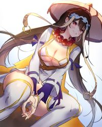 Rule 34 | 1girl, beads, bikini, bikini top only, blush, breasts, brown hair, cleavage, commentary, earrings, fate/grand order, fate (series), gradient background, hat, jewelry, large breasts, long hair, long sleeves, looking at viewer, oro (sumakaita), own hands together, red eyes, smile, solo, swimsuit, thighhighs, xuangzang sanzang (fate)