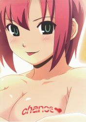 Rule 34 | 1girl, :p, blush, bodypaint, breasts, cleavage, green eyes, highres, koutaro, large breasts, pink hair, rio rollins, short hair, solo, super blackjack, tongue, tongue out