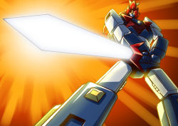 Rule 34 | choudenji machine voltes v, commentary request, glowing, glowing sword, glowing weapon, highres, looking at viewer, mecha, no humans, robot, science fiction, shouji nigou, solo, standing, sunrise stance, sword, voltes v (mecha), weapon, yellow eyes