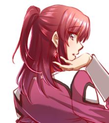 Rule 34 | 1girl, earrings, flay allster, from behind, gundam, gundam seed, hair between eyes, jacket, jewelry, long hair, long sleeves, looking back, morihaw, open mouth, pink jacket, ponytail, profile, red hair, simple background, sketch, solo, upper body, white background