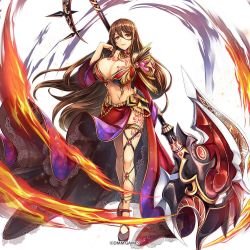 Rule 34 | argos (kami project), armor, axe, bikini armor, breast tattoo, breasts, brown hair, choker, cleavage, cross-laced footwear, detached sleeves, dmm, dress, fire, garter straps, gem, hair blowing, hip armor, holding, holding axe, huge breasts, huge weapon, jewelry, kamihime project, long dress, long hair, looking at viewer, magic, navel, necklace, official art, ornate armor, ornate weapon, pauldrons, red eyes, shoulder armor, side slit, solo, tattoo, very long hair, weapon