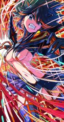 1girl black_hair black_shirt black_skirt black_thighhighs blue_eyes breasts clenched_teeth cropped_shirt garter_straps highres holding holding_sword holding_weapon kill_la_kill matoi_ryuuko medium_breasts medium_hair multicolored_hair red_background red_hair shirt skirt solo streaked_hair sword teeth thighhighs two-tone_hair underboob wanowanoji67 weapon