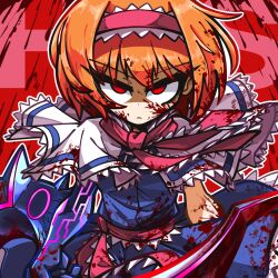 Rule 34 | 1girl, alice margatroid, amerika zarigani, blood, blood in hair, blood on arm, blood on clothes, blood on face, blood splatter, blue dress, bois de justice, capelet, closed mouth, commentary request, cookie (touhou), cowboy shot, dies irae, dress, frilled hairband, frilled necktie, frilled sash, frills, frown, hairband, highres, hinase (cookie), looking at viewer, medium bangs, necktie, orange hair, pink hairband, pink necktie, pink sash, red background, red eyes, sash, shaded face, shinza bansho series, short hair, solo, touhou, v-shaped eyebrows, white capelet