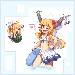 Rule 34 | 2girls, ;d, = =, bikini, blonde hair, blunt bangs, blush stickers, chibi, closed eyes, commentary request, dual persona, fangs, flat chest, flower, food, fruit, hair flower, hair ornament, hand on own hip, heart, horn ornament, horns, ibuki suika, innertube, kumamoto (bbtonhk2), long hair, looking at viewer, lowres, multiple girls, navel, one eye closed, open mouth, pixel art, pointy ears, sarong, smile, spoken heart, swim ring, swimsuit, touhou, wading, water, watermelon, yellow eyes