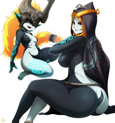 Rule 34 | 1girl, artist name, ass, barefoot, breasts, colored sclera, commentary, fang, highres, hood, hoodie, jmg, large breasts, looking at viewer, midna, midna (true), nintendo, orange hair, pointy ears, red eyes, signature, simple background, sitting, smile, spoilers, the legend of zelda, the legend of zelda: twilight princess, thick thighs, thighs, white background, yellow sclera