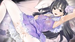 Rule 34 | 1girl, aftersex, armpits, bad id, bad pixiv id, bed, blush, cameltoe, covered erect nipples, cum, cum on clothes, cum on hair, cum string, cushion, facial, finger to mouth, gloves, heavy breathing, hime cut, idolmaster, idolmaster cinderella girls, kitou sakeru, kobayakawa sae, long hair, looking at viewer, lying, nipples, on back, pussy juice stain, see-through, single glove, smile, solo, spread legs, white legwear