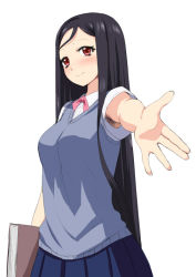 Rule 34 | 1girl, armpit hair, armpit peek, bad id, bad pixiv id, black hair, blush, book, ereraero, long hair, looking at viewer, outstretched arm, outstretched hand, red eyes, ribbon, simple background, skirt, smile, solo, uniform, up sleeve, very long hair, vest, white background