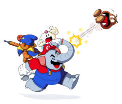 Rule 34 | 3boys, arm cannon, elephant mario, facial hair, geno (mario), goomba, grin, hat, highres, mallow (mario), mario, mario (series), multiple boys, mustache, nintendo, one eye closed, overalls, power-up, puppet, running, smile, super mario bros. wonder, super mario rpg, weapon